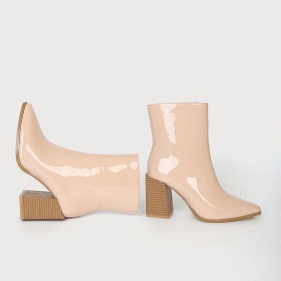 Lulus Dawnn Light Nude Patent Pointed Toe Block Heel Ankle Booties Size 7.5 - Picture 2 of 6
